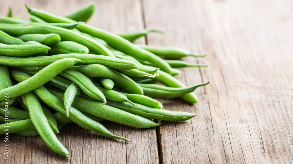 Fresh Green Beans on Wooden Surface Fresh Green Beans on Wooden Surface