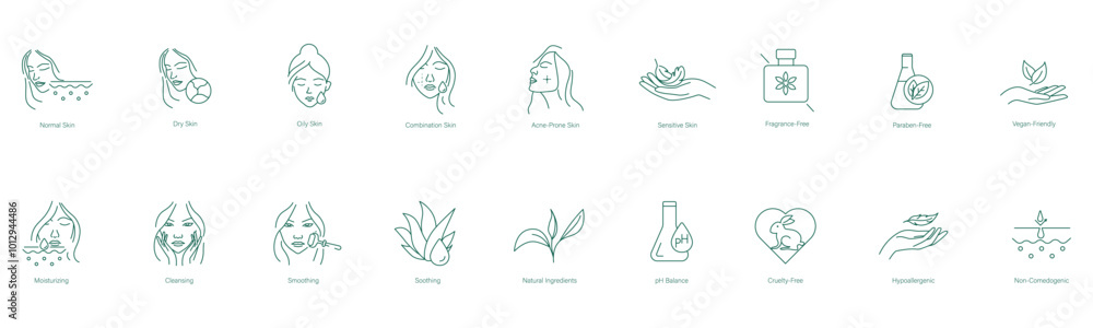 Comprehensive Skincare Icon Set: Normal, Dry, Oily Skin, Combination ...