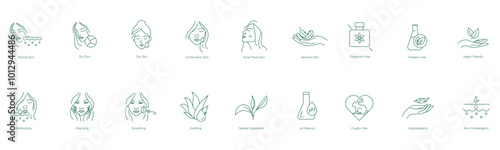 Comprehensive Skincare Icon Set: Normal, Dry, Oily Skin, Combination Skin, Acne-Prone Skin, Sensitive Skin, Fragrance-Free, Paraben-Free, Vegan-Friendly, Moisturizing vector icons 