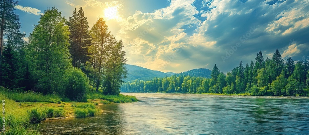 Serene River Winding Through a Lush Forest Serene River Winding Through a Lush Forest