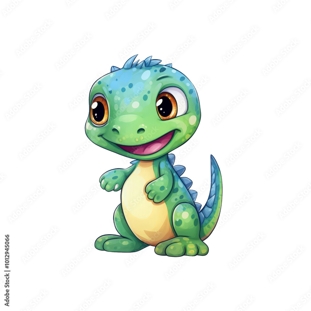 Fototapeta premium A green dinosaur with big eyes and a tail suitable for children's books, posters, and educational materials. Friendly and adorable character design. Generative AI