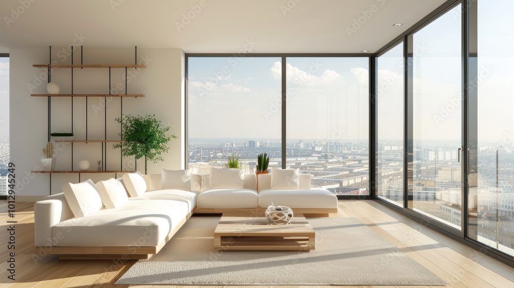 Obraz premium Modern Living Room with Stunning City View
