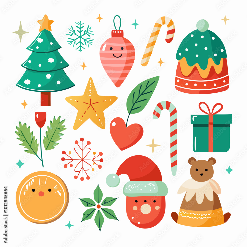 Obraz premium Festive Christmas Scene: Snowman, Santa, Tree, Gifts & Ornaments on White Background
