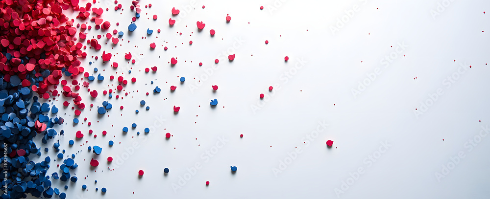 Red and blue heart confetti scattered on white background
Red and blue heart confetti scattered on white background