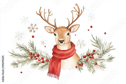 Watercolor reindeer with pine branches, snowflakes, and red berries