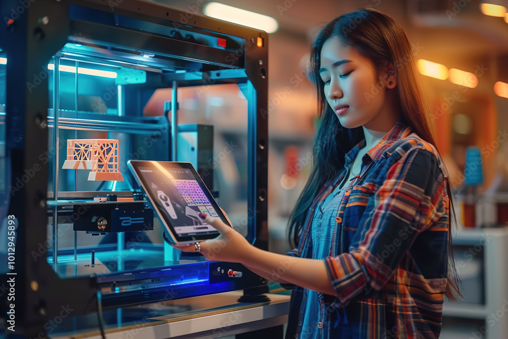 Customer in modern 3D printing studio selecting design on tablet, technician preparing printer for order Customer in modern 3D printing studio selecting design on tablet, technician preparing printer for order