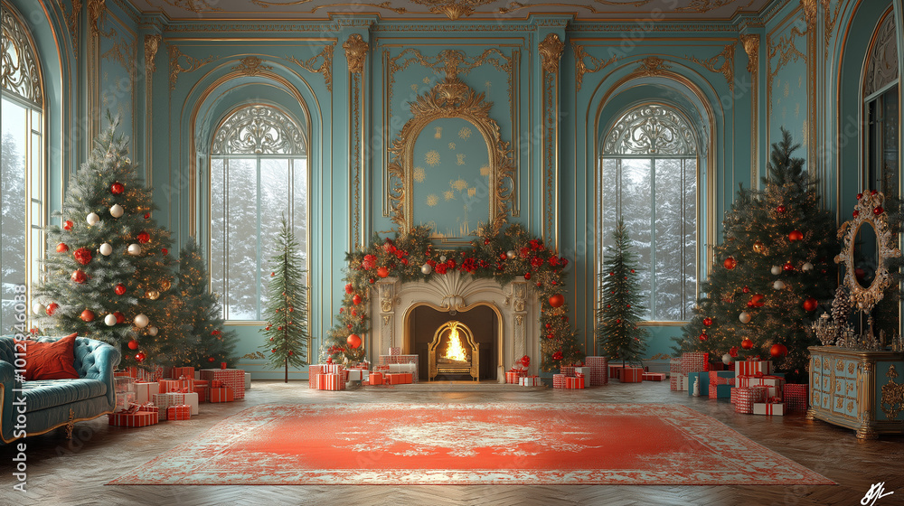 Obraz premium Christmas Fireplace: A cozy and festive living room, adorned with a roaring fireplace, two towering Christmas trees, and an array of gifts.