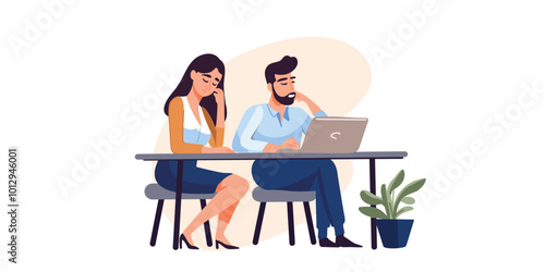 Tired woman and man office workers sitting at desk, falling asleep after long hours of work, feeling exhausted, vector illustration