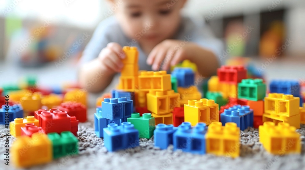 Colorful Building Blocks with a Blurred Child in the Background Colorful Building Blocks with a Blurred Child in the Background