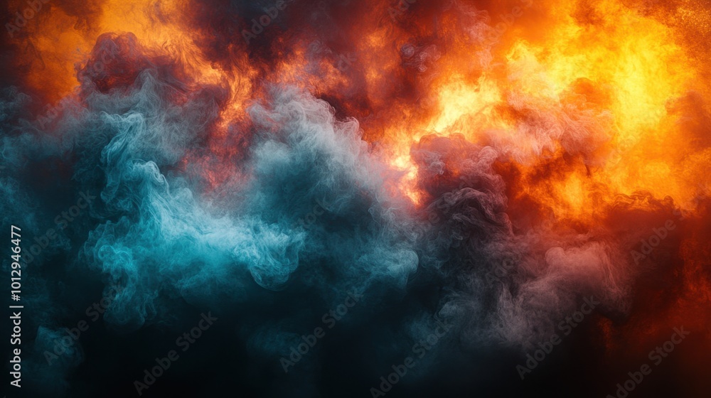 A dramatic blend of vibrant orange and deep blue smoke, evoking a fiery atmosphere. A dramatic blend of vibrant orange and deep blue smoke, evoking a fiery atmosphere.