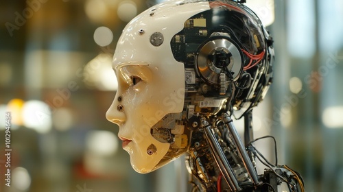 This detailed close-up image captures a humanoid robot with a focus on its exposed internal mechanics, showcasing advanced technology. The background is softly blurred, emphasizing the intricate