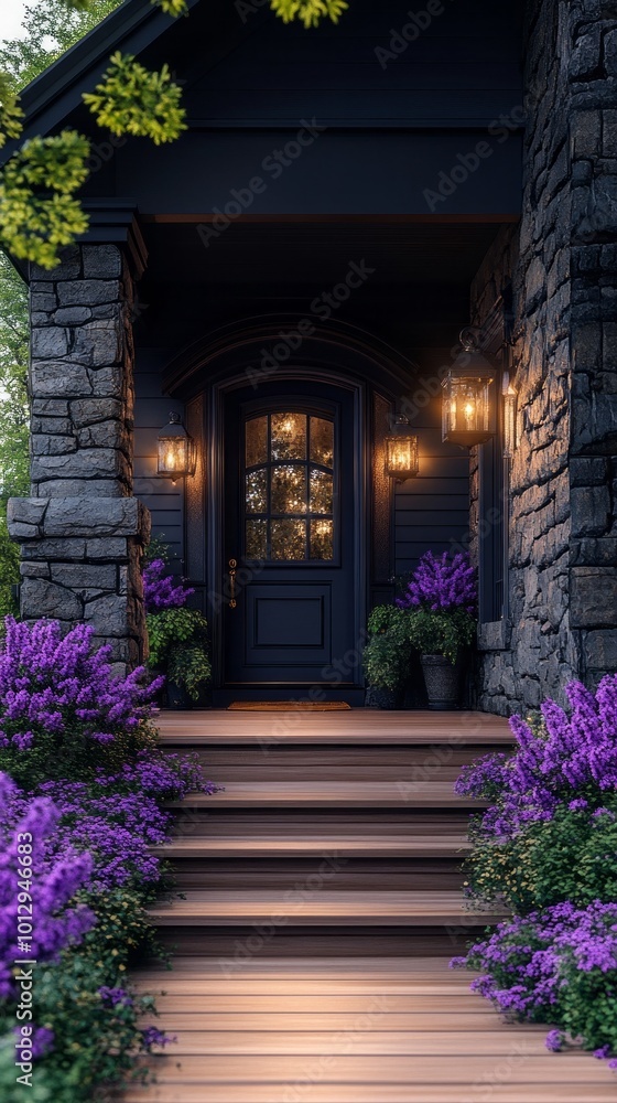 Fototapeta premium A black house with a large door and purple flowers in front of it