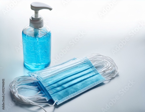 Hygienic face mask and Alcohol gel Sanitizer hand gel cleaners for anti Bacteria and virus on White Background photo