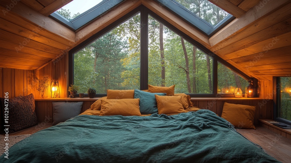 A bedroom with a large bed and a window that looks out to a forest A bedroom with a large bed and a window that looks out to a forest