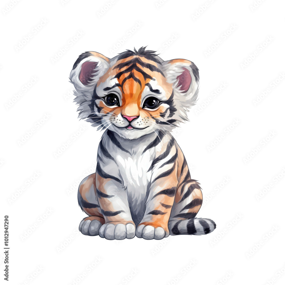 A smiling baby tiger is sitting. Perfect for wildlife conservation, children's books, or educational materials. Generative AI A smiling baby tiger is sitting. Perfect for wildlife conservation, children's books, or educational materials. Generative AI