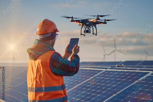 Worker guiding drone over solar panels, capturing thermal images, sunlight reflecting off panels