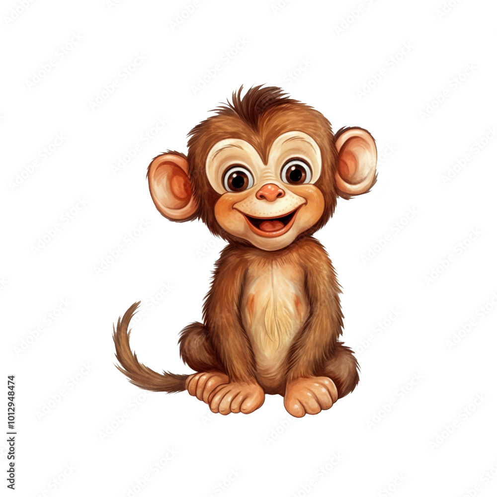 Obraz premium Brown monkey with large eyes and a curled tail, smiling happily. Suitable for animal themed designs, nature illustrations, and children's content. Generative AI