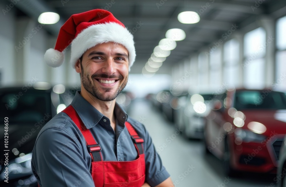 Car mechanic wearing santa hat smiling at auto repair shop Car mechanic wearing santa hat smiling at auto repair shop