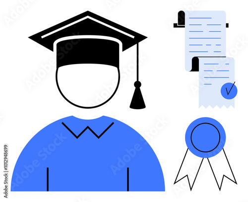 Simple vector of a graduate with cap and gown, diploma, certificate, and award ribbon. Ideal for educational achievements, academic success, graduation ceremonies, higher learning, and scholarly