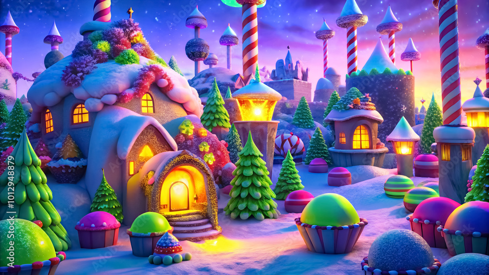 Gingerbread Village, delicious toy dessert with Christmas theme. A whimsical village made entirely of gingerbread houses, candy cane lamp posts, frosting snow. Flat cartoon grunge style illustration. Gingerbread Village, delicious toy dessert with Christmas theme. A whimsical village made entirely of gingerbread houses, candy cane lamp posts, frosting snow. Flat cartoon grunge style illustration.