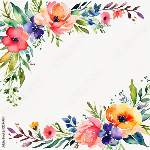 Watercolor color flower Floral frame Textured border Background on white