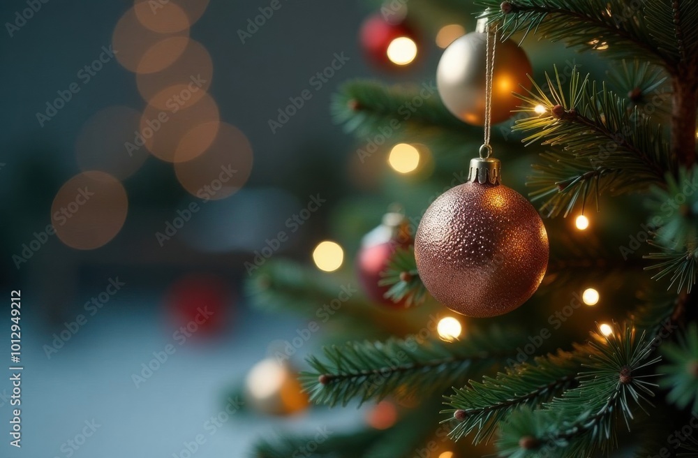 Fototapeta premium Christmas tree ornament hanging on branch with lights glowing