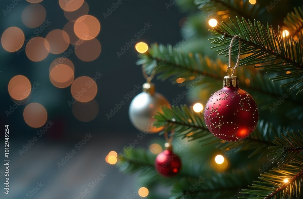 Fototapeta premium Christmas tree branch decorated with red and silver baubles is sparkling with fairy lights