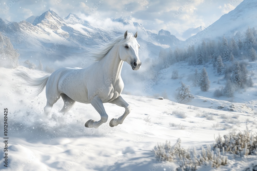 Obraz premium Majestic white horse in a winter scene