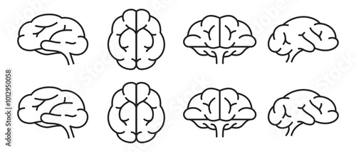 Set human brain icons outline. Flat and round line tip. Minimalist clip art.