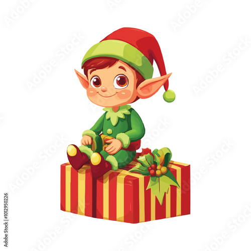 Cute Christmas elf sitting on striped gift box