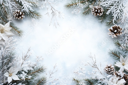 Elegant frosty border with pine branches and space for text