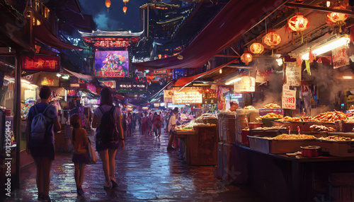 Capture people exploring a lively night market, with vibrant street food stalls and glowing lights in the background