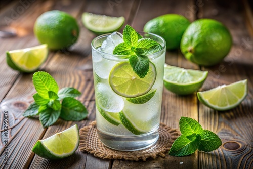 Close-up of refreshing mojito drink with lime and mint photo