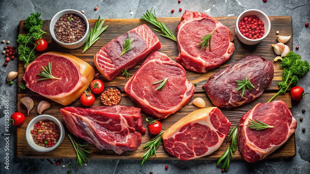 A Collection of Raw Beef Steaks on a Rustic Wooden Board, Garnished with Fresh Rosemary, Peppercorns, and Other Spices A Collection of Raw Beef Steaks on a Rustic Wooden Board, Garnished with Fresh Rosemary, Peppercorns, and Other Spices