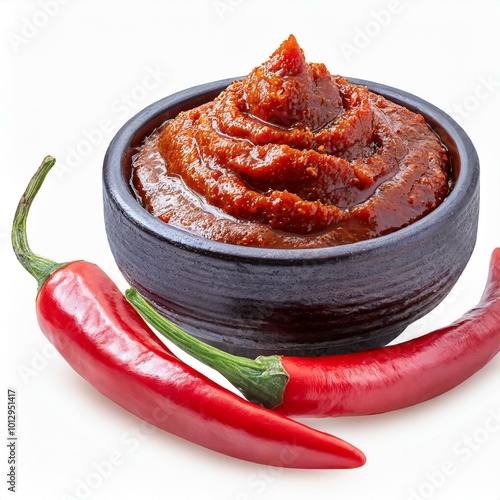 Korean pepper paste and red pepper isolated on white background, Gochujang Korean traditionl Chili paste on on white background With clipping path photo