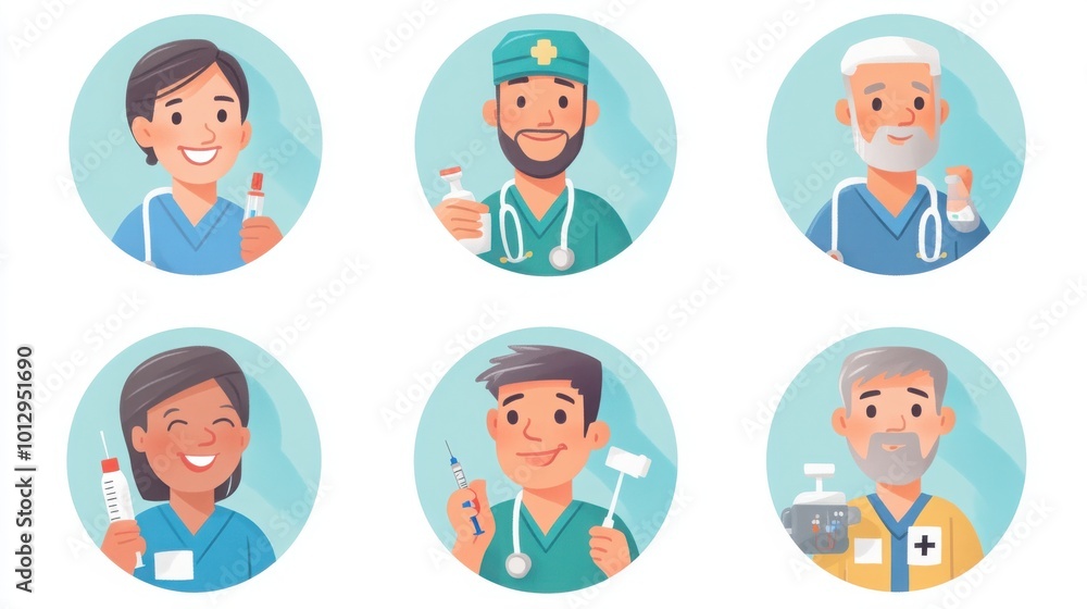 a set of illustrated avatars in circular frames showcasing diverse anesthesiologists. One anesthesiologist wears a surgical cap holding a syringe a set of illustrated avatars in circular frames showcasing diverse anesthesiologists. One anesthesiologist wears a surgical cap holding a syringe