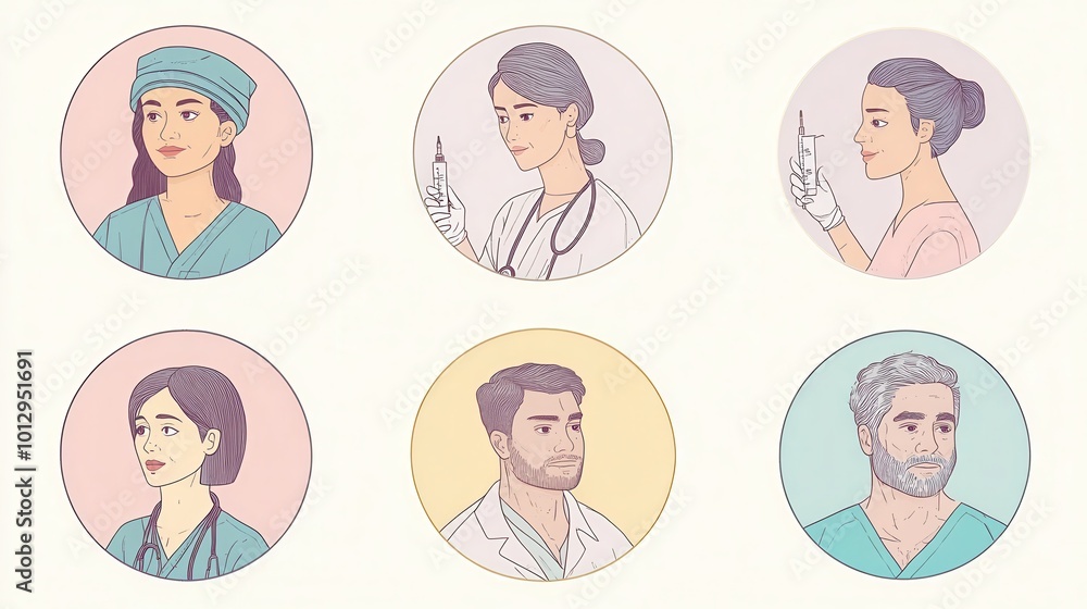 a set of illustrated avatars in circular frames showcasing diverse anesthesiologists. One anesthesiologist wears a surgical cap holding a syringe a set of illustrated avatars in circular frames showcasing diverse anesthesiologists. One anesthesiologist wears a surgical cap holding a syringe