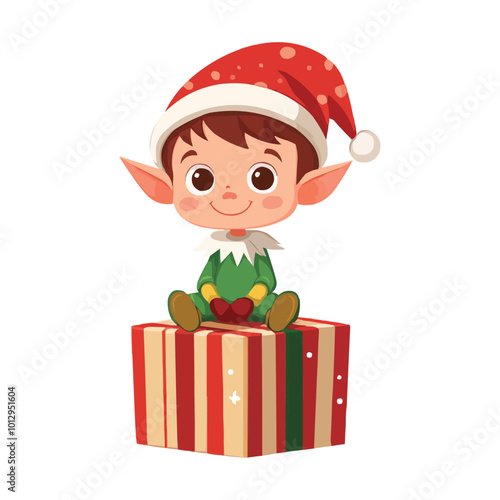 Cute Christmas elf sitting on striped gift box