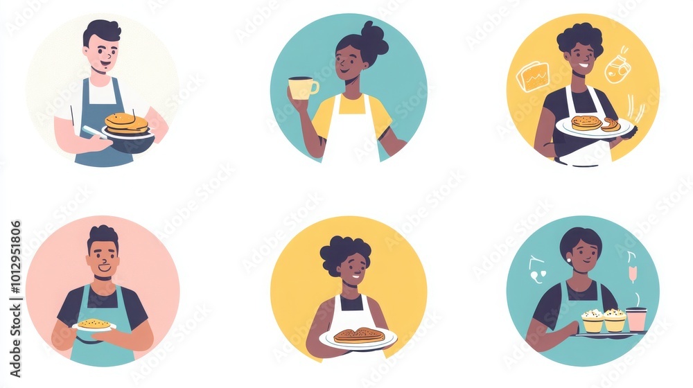 a set of illustrated avatars in circular frames showcasing diverse individuals preparing breakfast. One person wears an apron holding a frying pan, another has short wavy hair a set of illustrated avatars in circular frames showcasing diverse individuals preparing breakfast. One person wears an apron holding a frying pan, another has short wavy hair