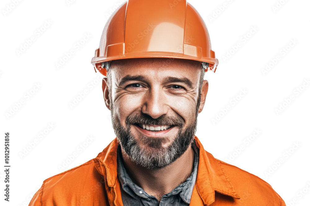 Smiling construction worker wearing an orange hard hat and jacket, isolated on white background. Smiling construction worker wearing an orange hard hat and jacket, isolated on white background.