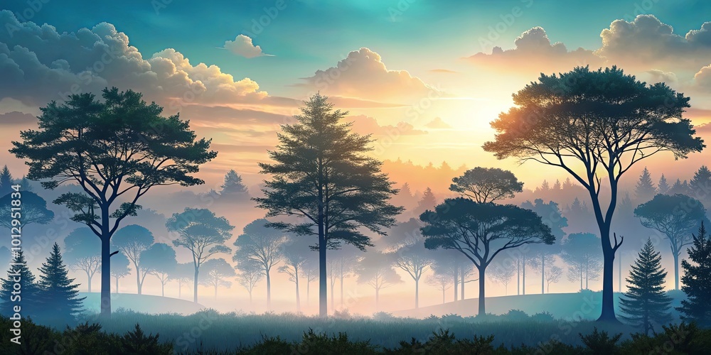 Naklejka premium Silhouetted trees stand tall against a vibrant sunrise, the air thick with mist, casting long shadows over the tranquil forest floor.