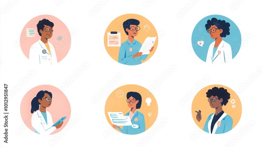 a set of illustrated avatars in circular frames showcasing diverse public health officials. One official wears a suit holding a report a set of illustrated avatars in circular frames showcasing diverse public health officials. One official wears a suit holding a report