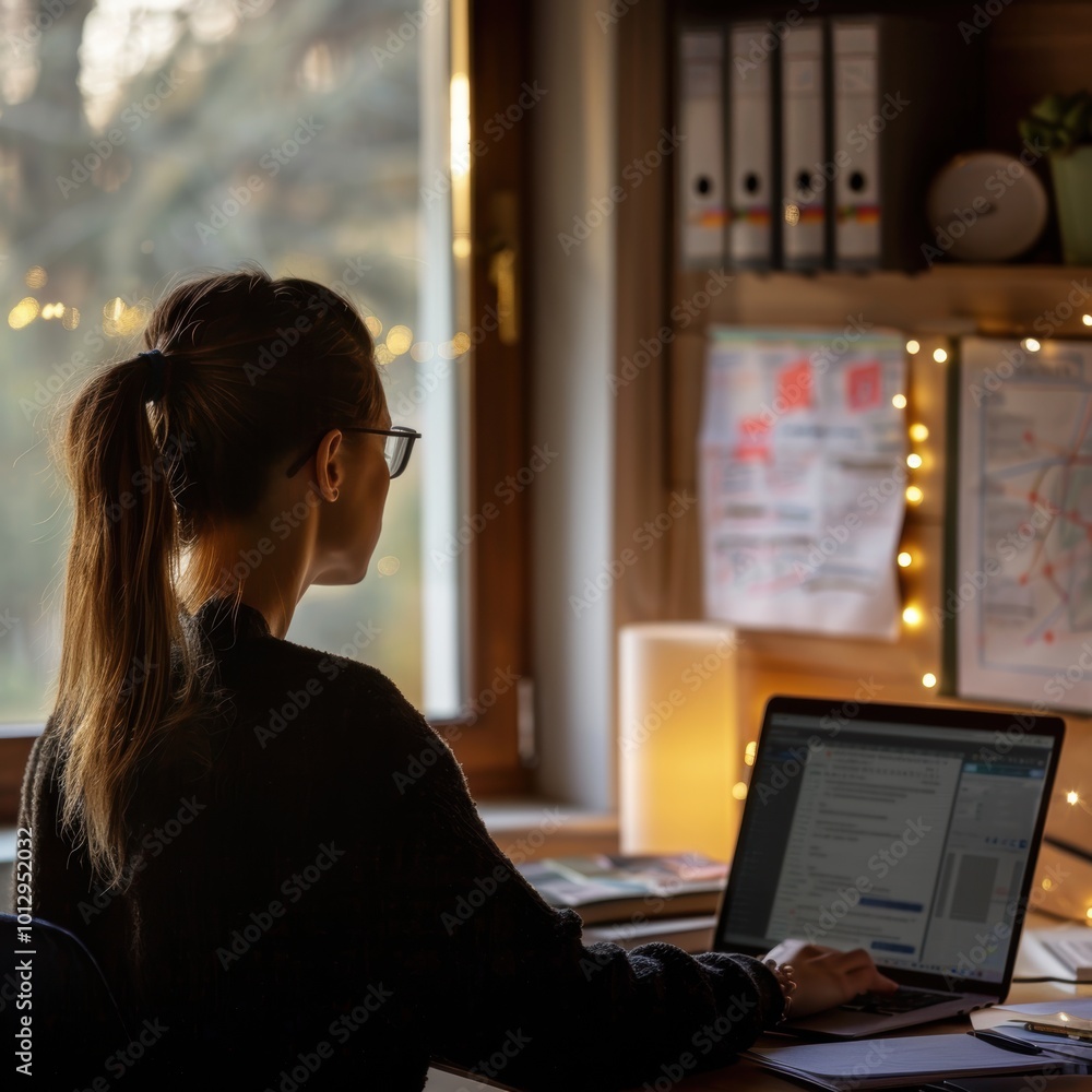 Woman Working on Laptop in Cozy Workspace Woman Working on Laptop in Cozy Workspace