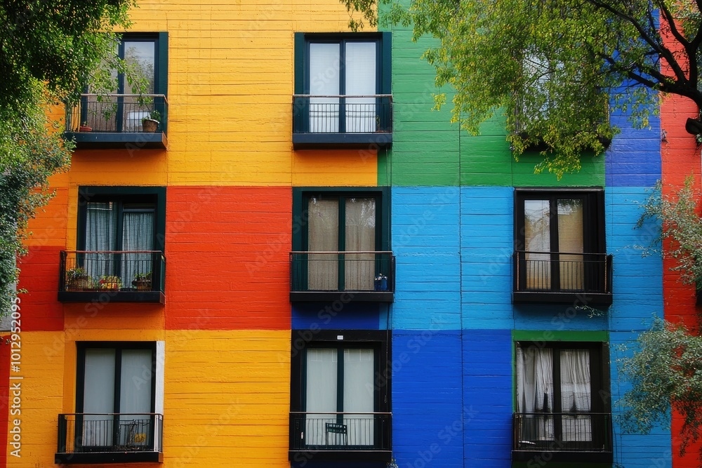 Obraz premium Colorful building with balconies and windows. Ideal for urban design, architecture, and real estate projects.