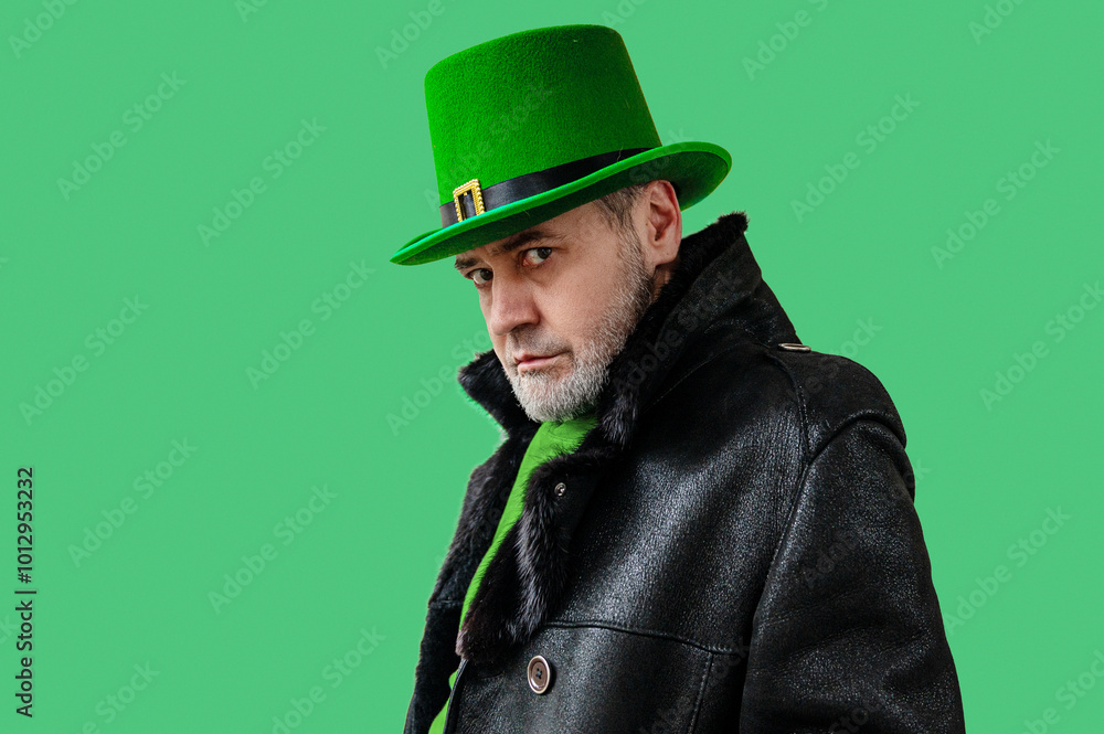 St. Patrick's Day. Handsome man wearing green hat. Green background St. Patrick's Day. Handsome man wearing green hat. Green background