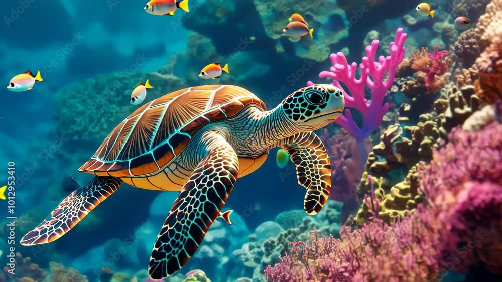 Sea Turtle Swimming in a Vibrant Coral Reef Sea Turtle Swimming in a Vibrant Coral Reef
