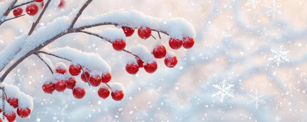 Snow-covered branches adorned with clusters of red berries, as large snowflakes drift lazily through the air. Snow-covered branches adorned with clusters of red berries, as large snowflakes drift lazily through the air.