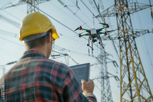 Technician controlling drone near high-voltage power lines, focusing on inspection screen, electrical towers