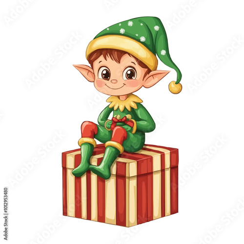 Cute Christmas elf sitting on striped gift box