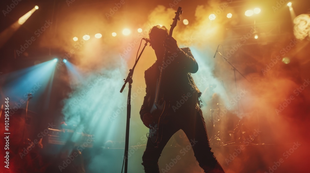 Fototapeta premium Rock Band Performance on Stage in Dramatic Lighting